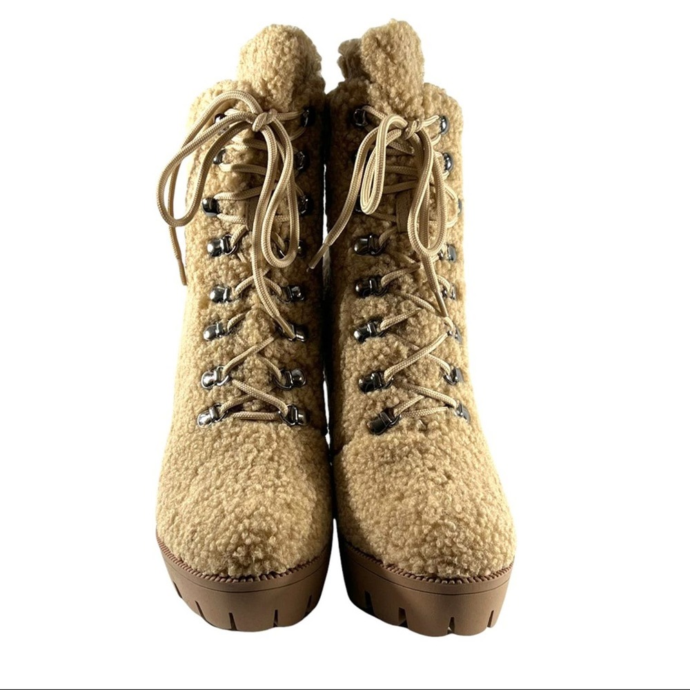 AZALEA WANG Fleece Combat Boots Beige lace up Lug Sole NEW WITH BOX 8.5 - Picture 10 of 14